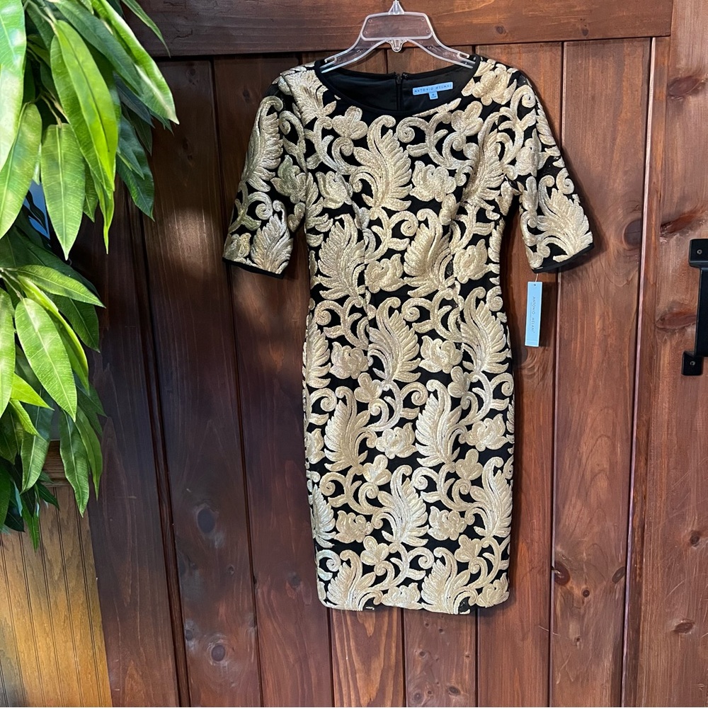 NWT Antonio Melani Black Gold Leaf Pattern Embroidered Sequin Sheath Dress